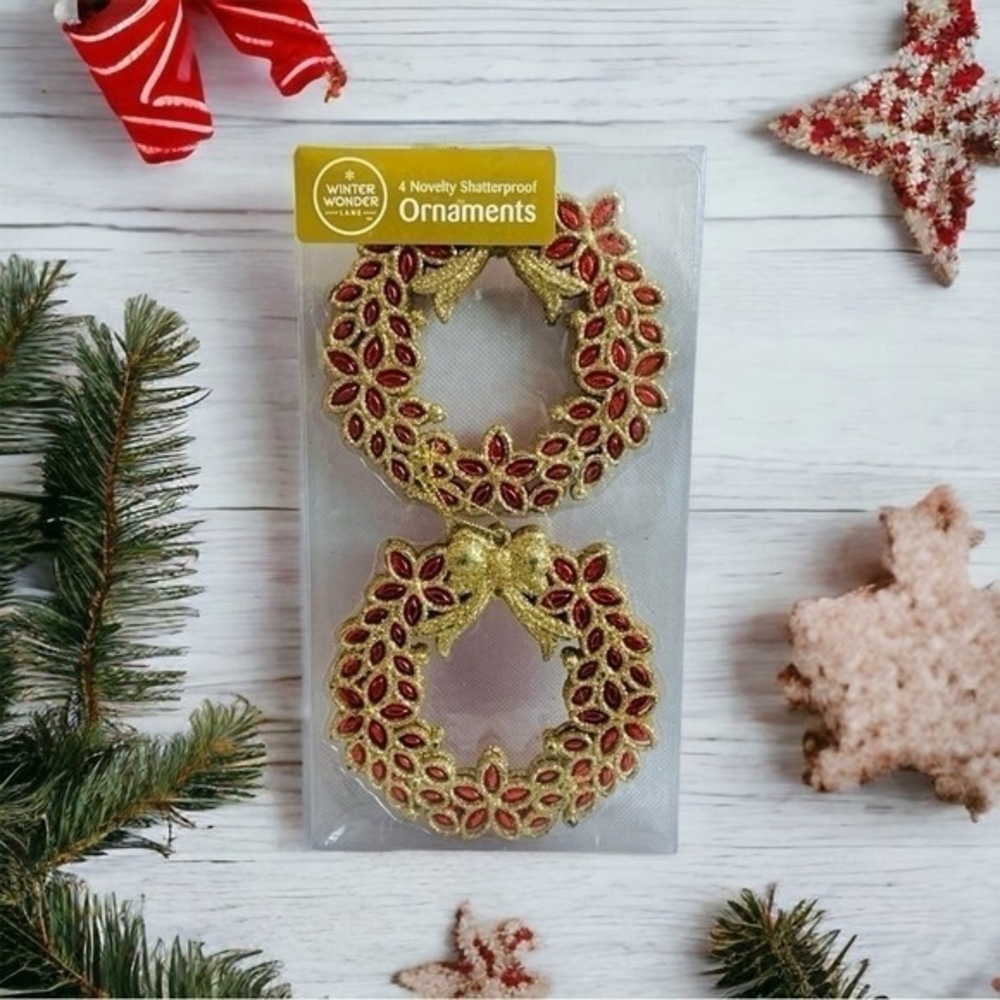 Winter Wonder Shatterproof Ornaments Set 4 Red Gold Wreath 4.75 Glitter Xmas NIB